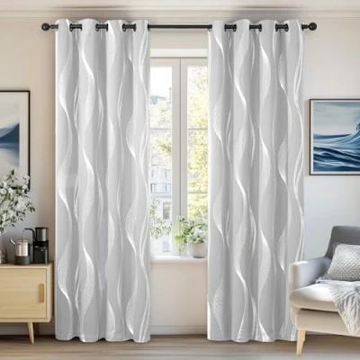 Afbeelding van Deconovo Set van 2, raamgordijnen voor slaapkamer, tegen hitte en kou, met ringen, 140 x 240 cm, deurgordijn, woonkamer, zilverkleurig, lijnmotief, ondoorzichtig, thermisch, koudebestendig,