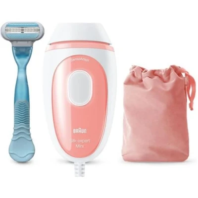 Image de Braun Silk·Expert Mini Pl1014, Épilateur A Lumiere Pulsée, Épilation Semi Définitive, Blanc/Rose, Avec Pochette De Voyage