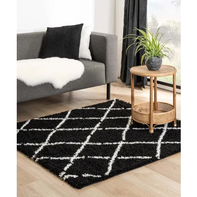 Afbeelding van Vierkant Hoogpolig Tapijt/Vloerkleed Ruiten Habitat Zwart/wit 160x160 Cm
