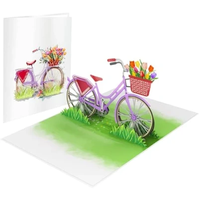 Afbeelding van LIMAH® 3D pop up kaart voor fiets, wenskaart, verrassingscadeaukaart met dameswiel en rode bloemen, combineerbaar een goed verjaardagscadeau (tulpen)