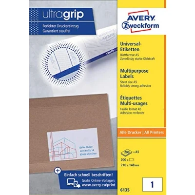 Afbeelding van Avery Universele A5 Etiketten Ft 210 X 148 Mm (b H), Wit, Doos Van 200 Etiket