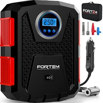 Afbeelding van Bandenpomp, Draagbare Luchtcompressor, Fietspomp, 12 V Elektrische Pomp voor Auto en Fiets, met Ledlicht, Digitale Bandenspanningsmeter Automatische Pomp/Uitschakeling, Draagtas (Rood)