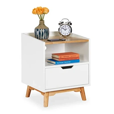 Afbeelding van Relaxdays nachtkastje wit houten poten Scandinavische stijl kastje open vak lade