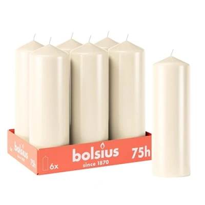 Afbeelding van Bolsius Set van 6 gladde stompkaarsen ivoor 20 x 7 cm Decoratieve kaarsen voor thuis 75 uur brandduur Niet geparfumeerd Bevat natuurlijke plantaardige was Olievrij