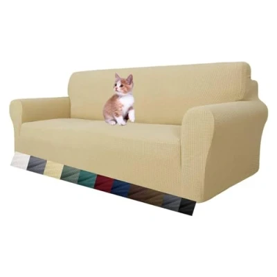 Afbeelding van MAXIJIN Rekbare bankhoes voor 3 zitsbank, universeel, woonkamer, jacquard, meubelbescherming, bescherming honden, huisdieren, vriendschap, bankbeschermer, zits, beige