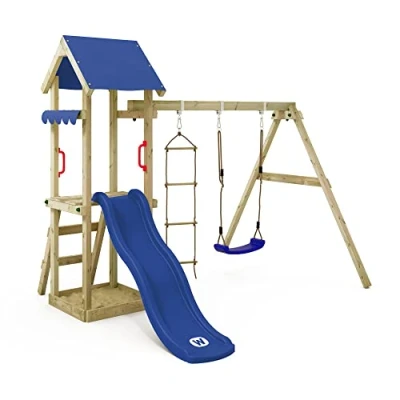 Afbeelding van WICKEY speeltoestel klimtoestel TinyCabin met schommel &amp; blauwe glijbaan, outdoor klimtoren voor kinderen zandbak, ladder speelaccessoires de tuin