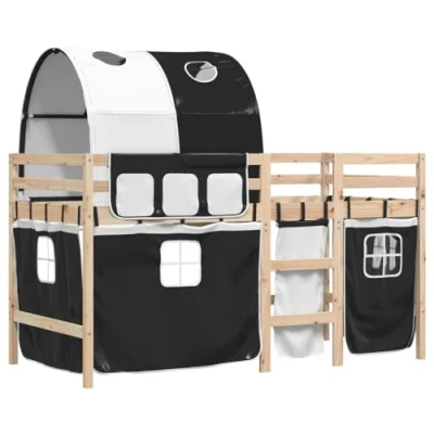 Afbeelding van vidaXL Kinderhoogslaper met tunnel 90x200 cm grenenhout wit en zwart
