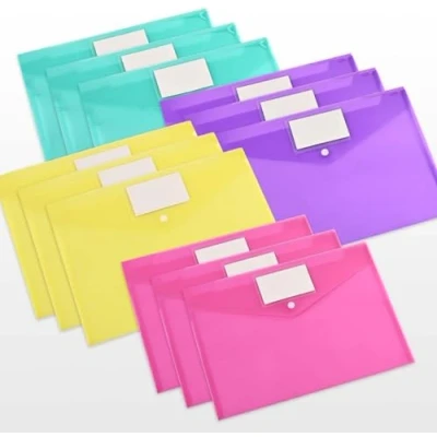 Afbeelding van Uni Fine 12 stuks A4 documentenmappen, 4 kleuren met drukknop voor het organiseren van documenten, transparante kunststof hoes, kantoordocumenten, cosmetica, schrijfwaren en