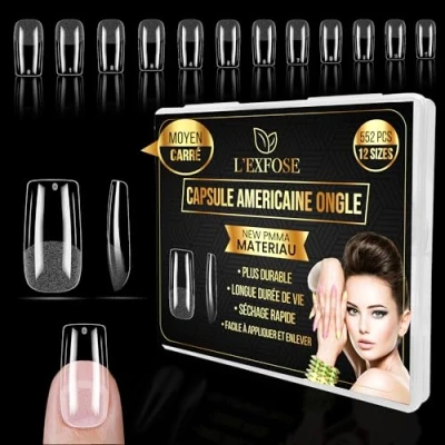 Afbeelding van L&#039;Exfose 552 stuks Amerikaanse nagelcapsules, vierkant, nieuwe PMMA hypoallergene nagelcapsules voor doe het zelf, nail art &amp; salons, acryl, nagels, 12 maten, semi transparant, capsule gel