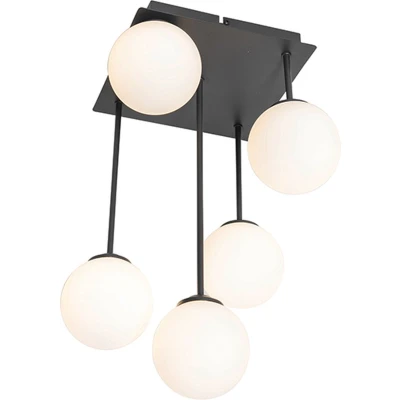 Afbeelding van QAZQA Moderne plafondlamp zwart met opaal glas 5 lichts Athens