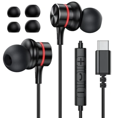 Afbeelding van MOSWAG USB C hoofdtelefoon, bekabelde in ear microfoon en volumeregeling, hifi stereo hoofdtelefoon type voor iPhone 15 Pro Max, Galaxy S23 S24 FE Ultra Google Pixel