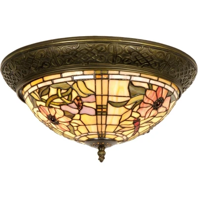 Afbeelding van LumiLamp Plafondlamp Tiffany Ø 38x19 cm Beige Roze Glas Driehoek Bloemen Plafonniere