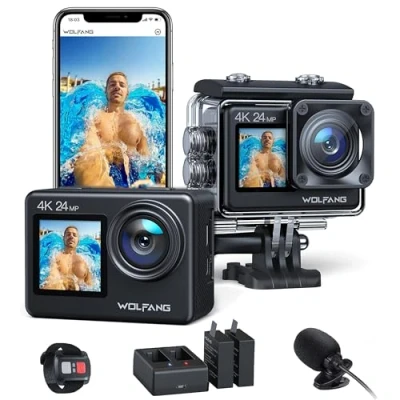 Afbeelding van WOLFANG Sportcamera 4K selfie dual screen, GA200, 24 MP, brede hoek, touchscreen, wifi, waterdichte camera met EIS stabilizer (afstandsbediening, 2 batterijen, oplader en accessoireset)