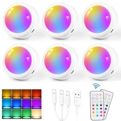 Afbeelding van Vankarr Kastlamp, oplaadbaar, USB, led lamp, nachtlampje, draadloos, RGB, 13 kleuren, met afstandsbediening, spot voor kast, vitrines, hal, slaapkamer, 6 stuks