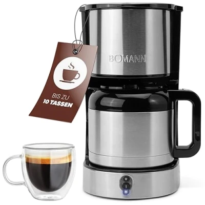 Afbeelding van Bomann® koffiezetapparaat met thermoskan voor 8 tot 10 kopjes koffie (ca. 1,2 l), filterkoffiezetapparaat van roestvrij staal, dubbelwandige thermosfles, geen temperatuurverlies, 800