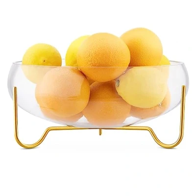 Afbeelding van Navaris ronde fruitschaal van glas Glazen kom in metalen standaard serveerschaal Voor fruit, salade, dessert