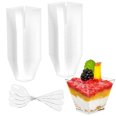 Afbeelding van Newaner 50 stuks 2oz/60 ml kopjes dessertbekers met kunststof lepels, herbruikbaar, transparant, vierkant, voor pudding, mousse, ijs, verjaardag, bruiloft