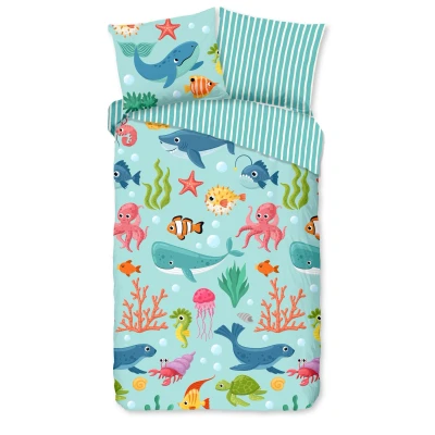 Afbeelding van Good Morning Kinderdekbedovertrek &quot;zeedieren&quot; Aqua (140x200/220 cm) Katoen
