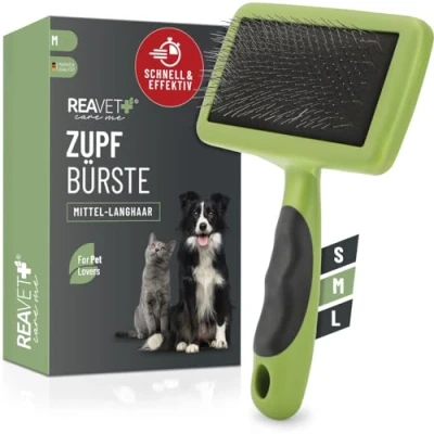 Afbeelding van ReaVET Hondenborstel en kattenborstel Ontharingsborstel voor langharige honden katten Medium rassen (M) Verwijdert zacht ondervacht, knopen klitten, dierenborstel