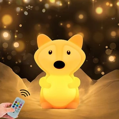 Afbeelding van WHA&amp;DARREN Fox nachtlampje voor kinderen, slaapkamer, babylamp, nachtlampje, led, 9 kleuren, siliconen (afstandsbediening + touchscreen dimm)
