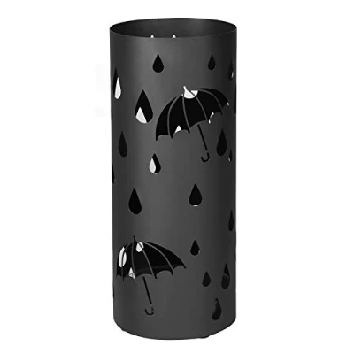 Afbeelding van SONGMICS Metalen paraplubak, rond, parapluhouder, met een plaat en haken, 49 x Ø 19,5 cm, zwart LUC23B
