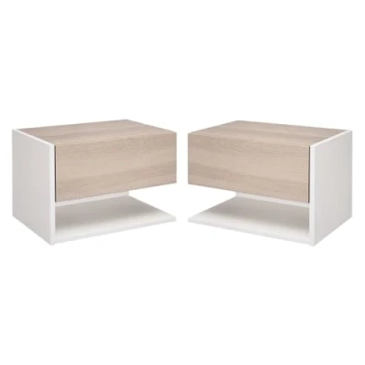 Afbeelding van HOMCOM set van 2 Nachtkastjes voor wandmontage, nachtkastjes, schuiflade, plank, hout, tweekleurig, licht eiken look, wit