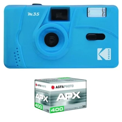 Afbeelding van Kodak Pack M35 Argentique + Pellicule 100 ASA Appareil Photo Rechargeable 35mm Cerulean Blue, Objectif Grand Angle Fixe, Viseur optique , Flash Intégré APX 100, 36 poses