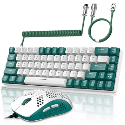 Afbeelding van YINDIAO T8 Combos Gaming toetsenbord en muis 60% RGB + spiraalvormige USB C kabel, mechanisch toetsenbord, compacte lay out 68 toetsen TKL, van honingraat, tot 6400 dpi, voor PC PS5, groen