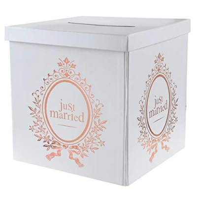 Afbeelding van Santex Enveloppendoos just married Bruiloft wit/rose goud karton 20 x cm