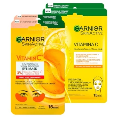 Afbeelding van Garnier SkinActive Vitamin C Verhelderend hyaluronzuurmasker van biologisch afbreekbare stof, 2 toepassingen + wegwerpgezichtsmasker, hydraterend, hyaluronzuurstof,