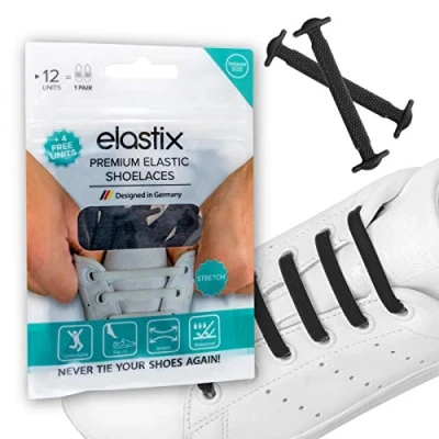 Afbeelding van Elastix Sneakers, elastische veters van rubber, zonder knopen, voor volwassenen, platte siliconen schoenbanden vrije tijd en sport, zwart.