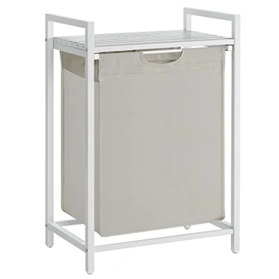 Afbeelding van VASAGLE Wasmand, mand voor vuile was, met 1 vak en verwijderbare zak van Oxford stof, legplank, metalen frame 65 l, 50 x 33 72 cm, wit BLH101W01