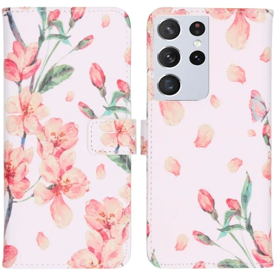 Afbeelding van iMoshion Hoesje Geschikt voor Samsung Galaxy S21 Ultra Met Pasjeshouder Design Softcase Bookcase Meerkleurig / Blossom Watercolor