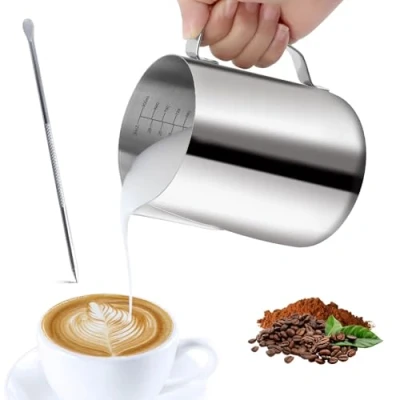 Afbeelding van VFANDV Draagbare melkkan van roestvrij staal, 1000 ml, met meetindicator, ideaal voor barista, cappuccino, espresso latte