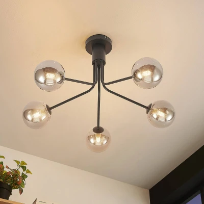 Afbeelding van Lucande plafondlamp 5lichts staal, glas H: 39.7 cm G9 mat zwart, rookgrijs