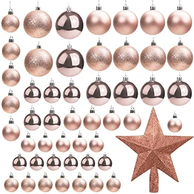 Afbeelding van Belle Vous 50 stuks kerstballen roségoud met ster glanzende dennenbal in verschillende maten 1 kerstboomdecoratie voor kerstfeest, decoratie binnen en buiten