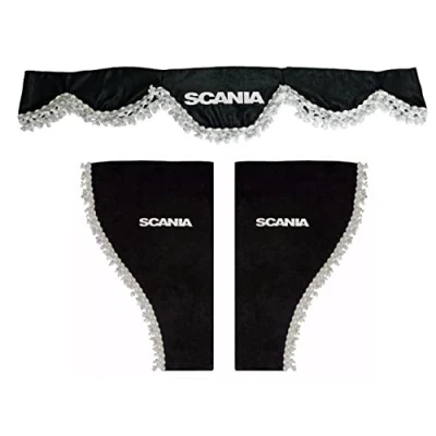 Afbeelding van VNVIS Set van 3 decoratieve pluche gordijnen met witte kwastjes voor Scania vrachtwagens R S P L (zwart)