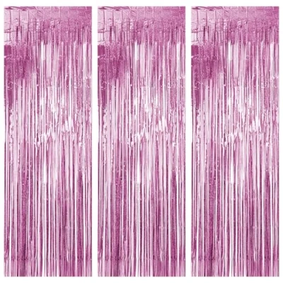 Afbeelding van Riloventa Set van 3 glittergordijnen Regenboog luchtslangen Aluminium franjes Voor verjaardag, Kerstmis, Nieuwjaar, bruiloft 1 x 2,5 m Roze