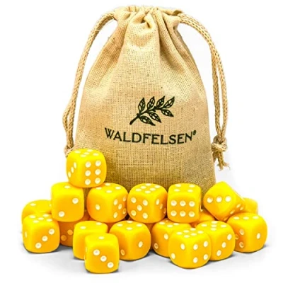 Afbeelding van Waldfelsen® Set van 6, 12, 20, 30 of 50 hoogwaardige dobbelstenen acryl, standaardformaat 16 mm, 6 zijdige speeldobbelstenen, speelaccessoires met stoffen zak (geel, 20 stuks)