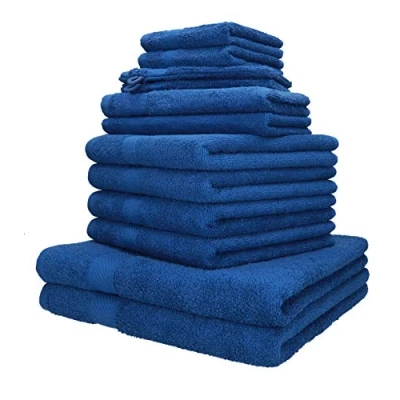 Afbeelding van Handdoekenset, 12 delig, 100% katoen, 2 lighanddoeken, 4 handdoeken, gastendoekjes, zeepdoekjes, washandjes, kleur blauw