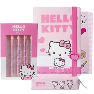 Afbeelding van Get Trend Hello Kitty Schrijfwarenset, mooi notitieboekje, Kawaii stickers, pennen, bal, school, kantoor, anime, cadeau idee (roze Kitty)