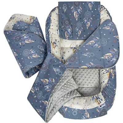 Afbeelding van Medi Partners Babycocon, 5 elementen, 100 x 60 15 cm, 100% katoen, babybedverkleiner, hoofdkussen, deken, afneembaar inzetstuk (dromenvanger met grijze minky)