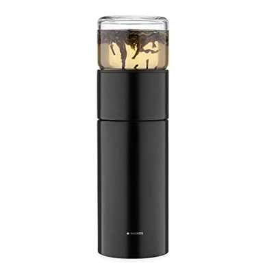 Afbeelding van Navaris RVS theefles met zeef Theebeker voor onderweg Fles thee infuser en beschermhoes Inhoud 300 ml Borosilicaatglas Zwart