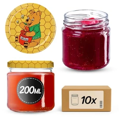 Afbeelding van KADAX Kleine inmaakpotten, 200 ml, luchtdicht, rond, met deksel, FI66 mm, jampotten, bokalen, minipotten voor honing en kruiden,10 stuks, Winnie de Poeh motief