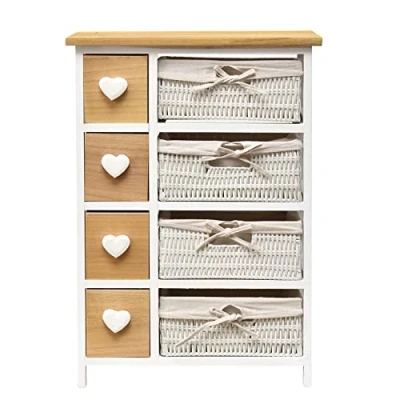 Afbeelding van Rebecca Mobili Ciffonnier Rieten hout, vintage badkamerkast, 8 laden, wit, handgrepen in hartvorm afmetingen: 71 x 51 30 cm (h b d) art. RE4356