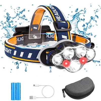 Afbeelding van Yiyicas 7 led hoofdlampen met batterijen, waterdichte hoofdlamp, USB oplaadbaar, 18.000 lumen, 8 modi, rood en wit, waarschuwingslicht voor outdoor, camping, wandelen, werken