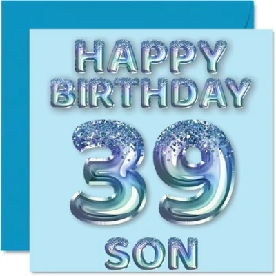 Afbeelding van Verjaardagskaart voor zoon, 39e verjaardag, blauwe glitterballonnen, verjaardagskaarten 39 jarige zoon van mama en papa, 145 mm x