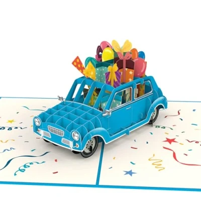 Afbeelding van papercrush® Pop up kaart voor verjaardagsauto (blauw), grappige 3D verjaardagskaart vrouwen, mannen, vrienden en kinderen (meisjes jongens), speciale wenskaart met auto als cadeau