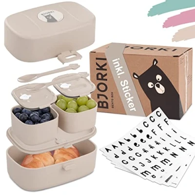 Afbeelding van BJORKI® bento box kinderen met naamsticker, bonus, waterdichte lunchbox vakken, duurzame voor kinderen, kleuterschool en school, snackbox onderweg (pastelbeige)
