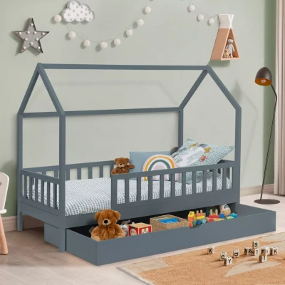 Afbeelding van Lit cabane enfant 80 x 160 CM NEREE gris avec 1 tiroir gigogne et de rangement